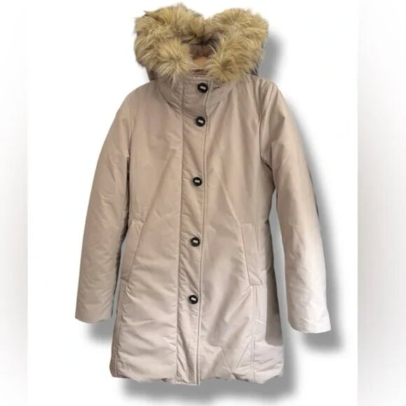 Uniqlo Women Ultra Warm Down Short Coat Parka Heattech Jacket Fur Hood Beige XS - Picture 2 of 8